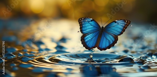 Blue butterfly over the water surface with reflection. The concept of nature and insect beauty. © olgainep