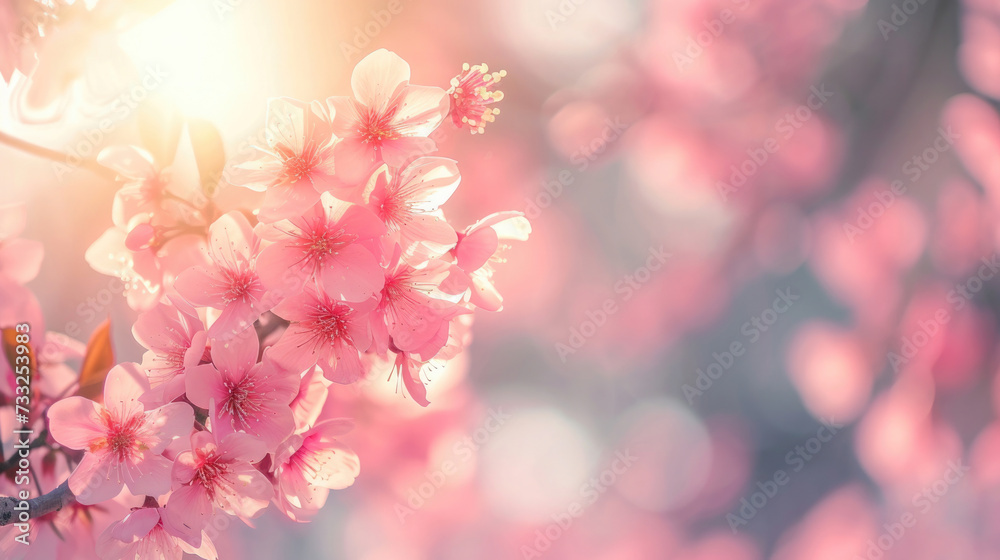 spring background, blooming branch with pink cherry, sakura flowers, blurred background with bokeh, grass, empty space for text