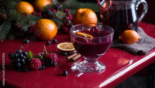 A glass of red liquid with a slice of orange and berries