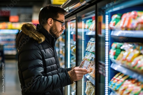 Man selecting frozen food, reading product details