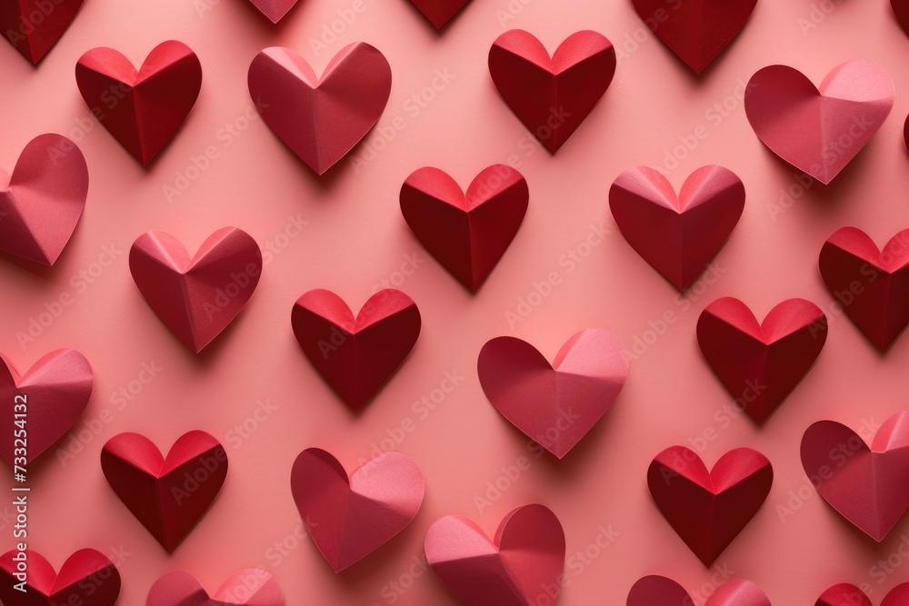 A vibrant image showcasing a collection of red hearts arranged on a pink background.