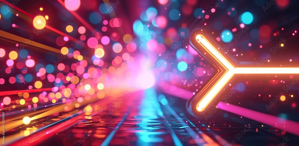 Neon arrow pointing right against a backdrop of bokeh and light trails. The concept of direction and forward movement. Neon arrow pointing right against a backdrop of bokeh and light trails. The concept of direction and forward movement.