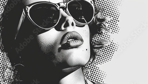 Black and white portrait of a woman in glasses. The concept of pop art style.
