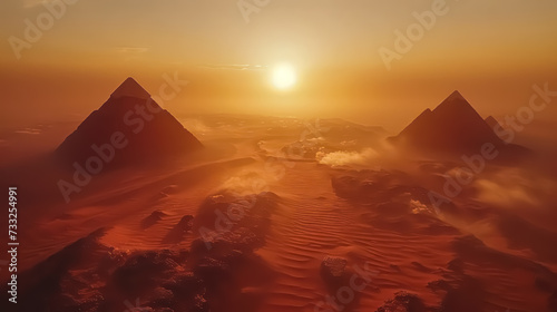 A vast desert landscape, with rolling dunes bathed in the warm glow of the setting sun
