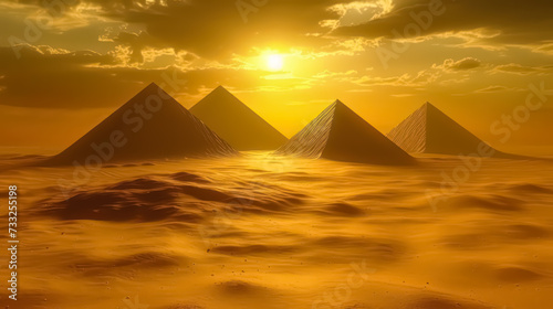 A vast desert landscape  with rolling dunes bathed in the warm glow of the setting sun