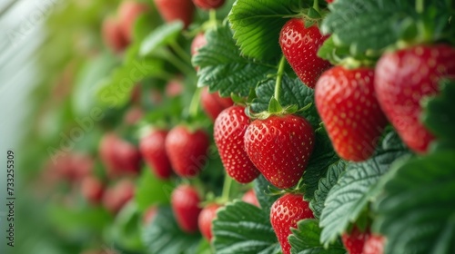 Fresh Strawberries Growing in a Lush Greenhouse. Strawberries in a vertical hydroponic system
