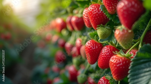 Fresh Strawberries Growing in a Lush Greenhouse. Strawberries in a vertical hydroponic system in greenhouse