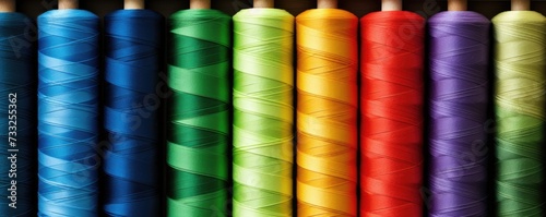 A straight line of various colored spools of thread neatly arranged side by side.