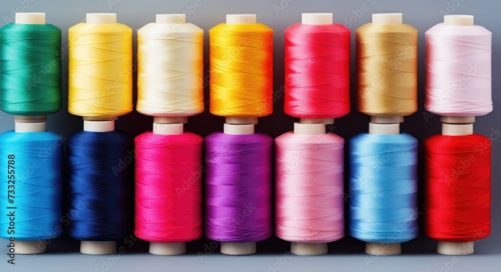 Multiple spools of thread arranged together side by side. Multiple spools of thread arranged together side by side.