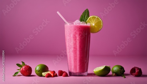 A pink drink with a straw and a slice of lime on top