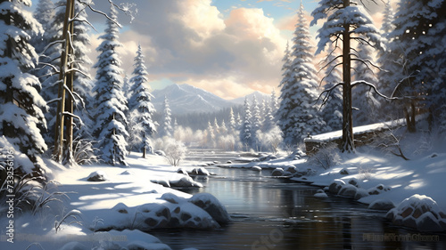 Captivating Winter Village: Cozy Charm in Modern Digital Oil Painting photo