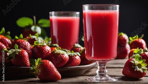 Two glasses of strawberry juice on a table with strawberries