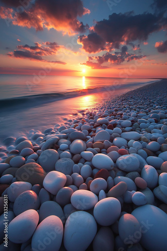 Ocean Tranquility: Peaceful Illustration of Pebbles on the Beach at Sunset, Finding Simple Happiness