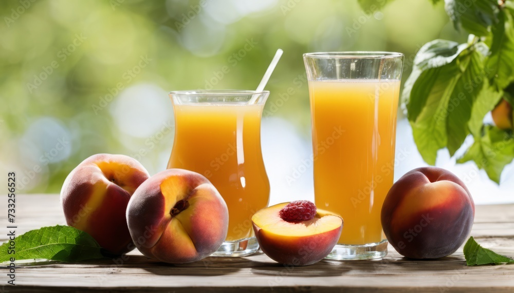 A glass of orange juice with a straw and a peach cut in half A glass of orange juice with a straw and a peach cut in half