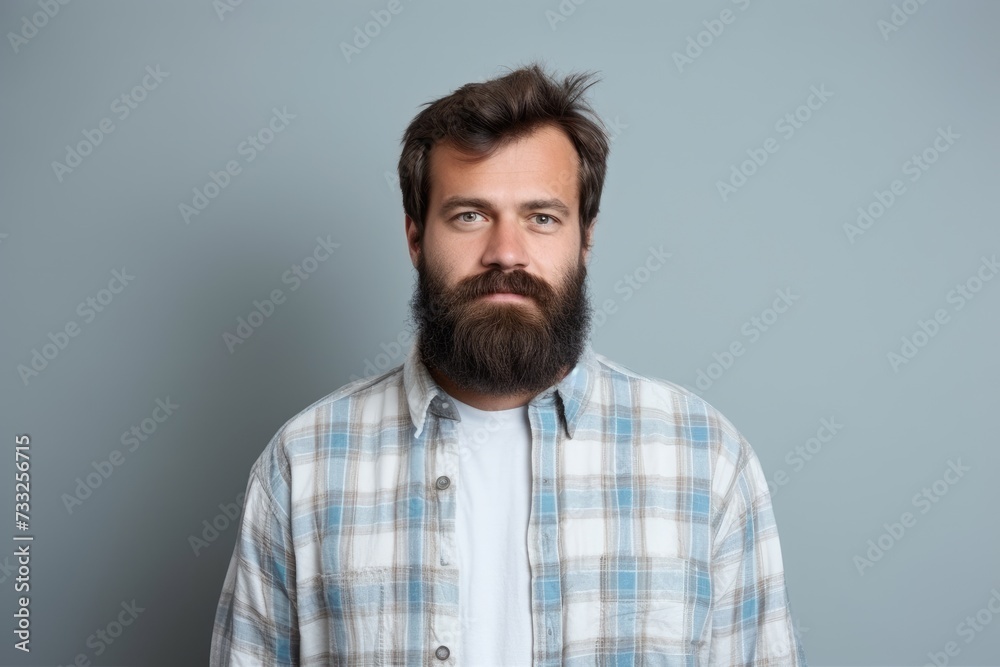 Fototapeta premium A man with a beard and plaid shirt poses for a photo.