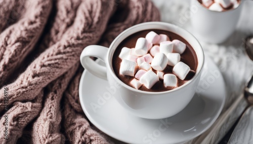 A cup of hot chocolate with marshmallows on a table