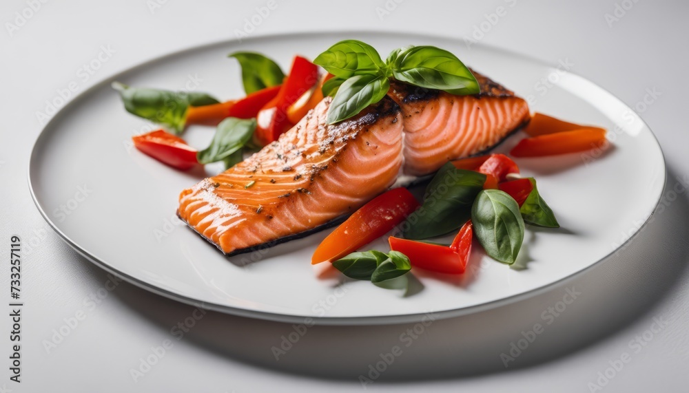 A white plate with a piece of salmon and vegetables A white plate with a piece of salmon and vegetables