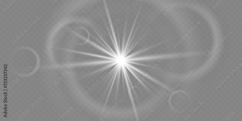 Bright white rays of light and sun, spotlights, illumination on a transparent background	
