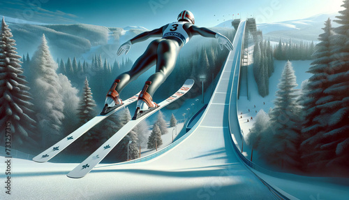 The image is a dynamic illustration of a ski jumper mid-flight during a ski jumping event, with a snowy mountain landscape and ski tracks in the background.Sport concept.AI generated. photo