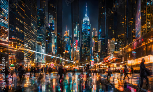 Motion-blurred cityscape with dynamic financial elements
