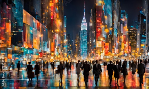 Motion-blurred cityscape with dynamic financial elements