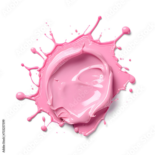 Pink milk yogurt spill top view isolated on white background

