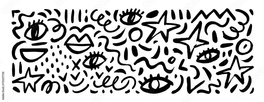 Set of fun line doodle elements like eyes, stars, lips, squiggles and dots texture.