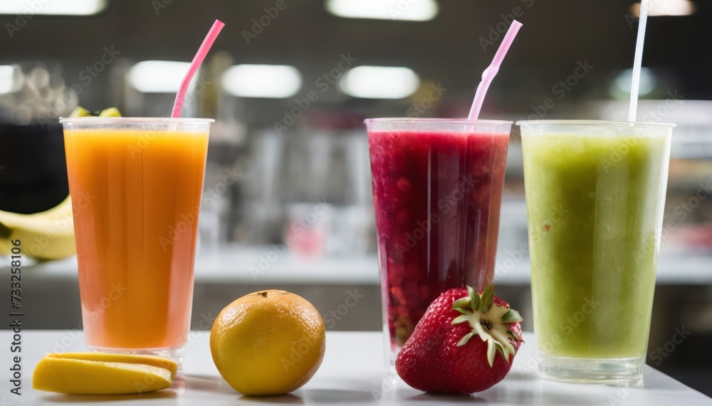Three different colored drinks with straws Three different colored drinks with straws