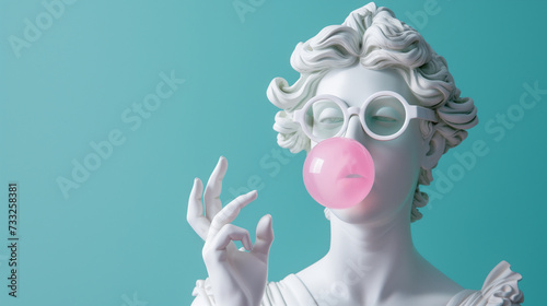 Classic marble sculpture of David with a playful modern twist, blowing a pink bubble gum