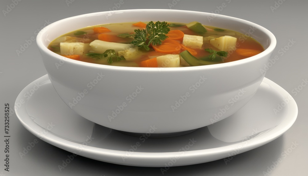 A bowl of soup with carrots and broccoli