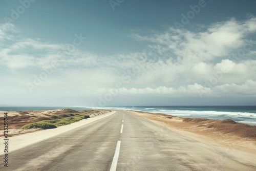 A deserted road stretches towards the horizon, leading to the vastness of the ocean. Generative AI
