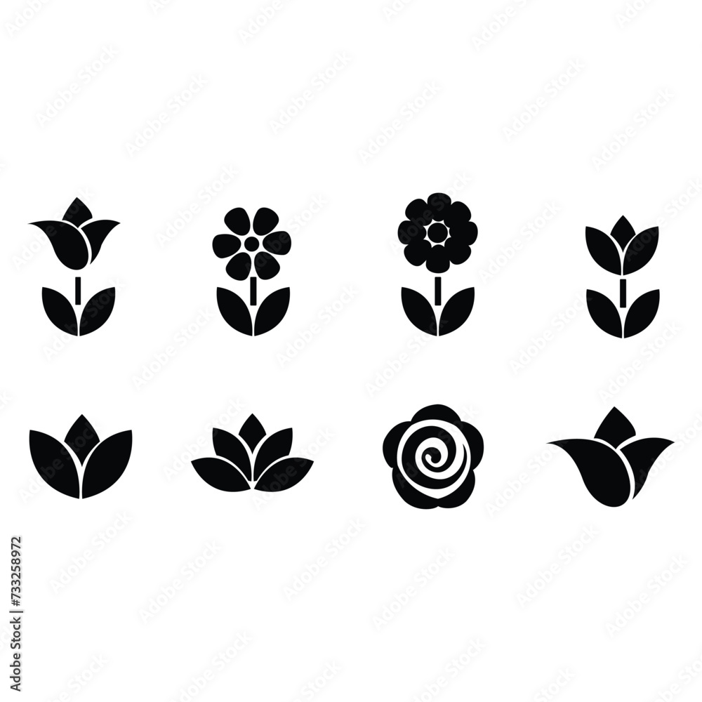 A set of beautiful flower icon vector art illustration.