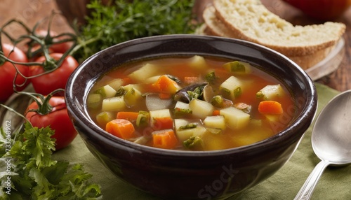 A bowl of soup with carrots, tomatoes, and bread