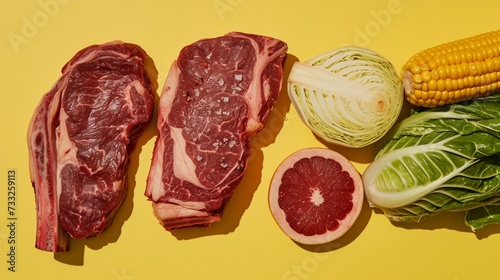 A balanced composition of fresh produce and meat with corn on the cob, cabbage and steak on a bright yellow background.