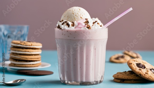 A glass of milk with cookies on the side photo