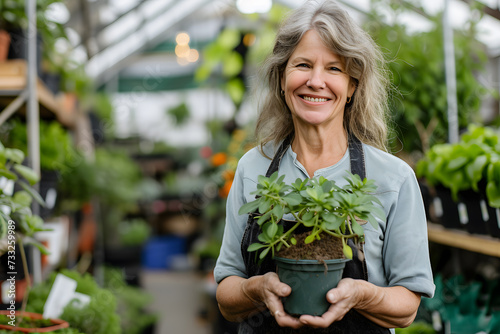 Mature smiling Woman Holding a Plant in Front of a Garden Store