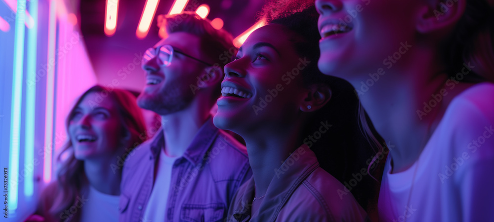 In a sleek technology showroom, a group of excited customers marvel at the latest gadgets, their faces lighting up with anticipation In a sleek technology showroom, a group of excited customers marvel at the latest gadgets, their faces lighting up with anticipation
