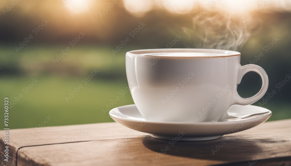 A cup of coffee sits on a wooden table