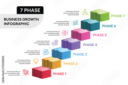 3D Puzzle Stair Infographic Template. 7 Options, Steps, Parts, Segments Business Marketing Concept. Vector Illustration