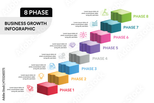 3D Puzzle Stair Infographic Template. 8 Options, Steps, Parts, Segments Business Marketing Concept. Vector Illustration