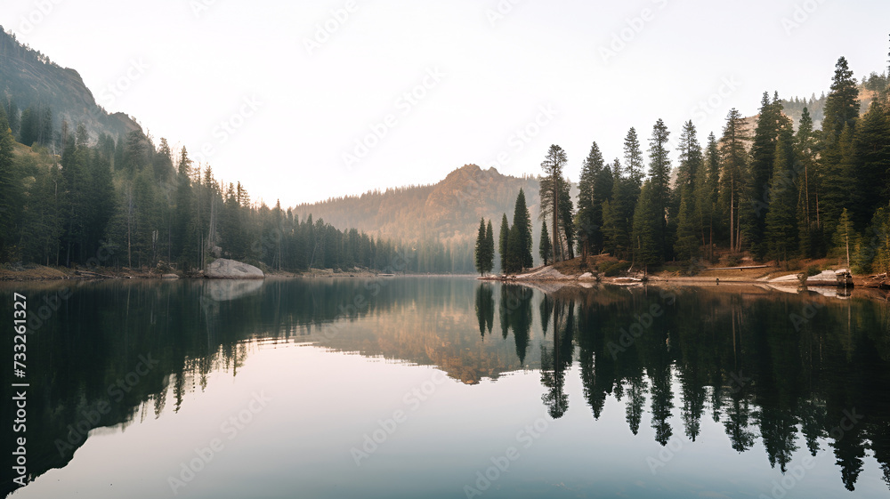 Dawn Tranquility: Serene Mountain Lake Amidst Towering Pines
