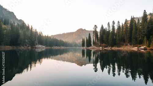 Dawn Tranquility  Serene Mountain Lake Amidst Towering Pines