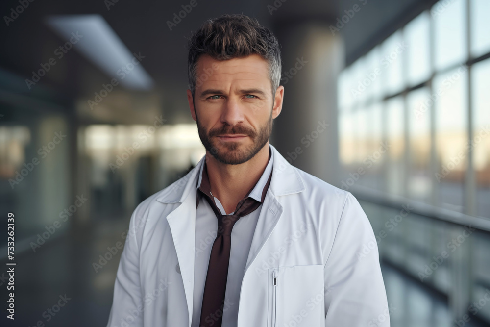Portrait of serious male doctor in white coat standing in hospital corridor Portrait of serious male doctor in white coat standing in hospital corridor