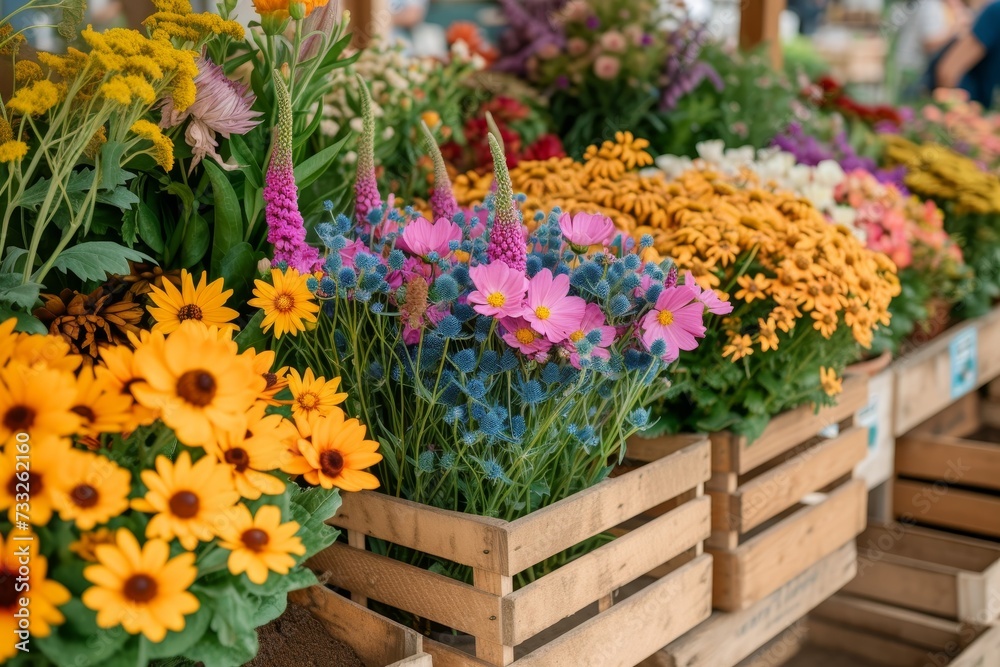 A wooden crate filled with an abundance of vibrant and diverse flowers. A wooden crate filled with an abundance of vibrant and diverse flowers.