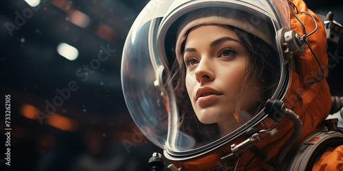 Portrait of a beautiful young woman in an astronaut helmet. Cosmonautics