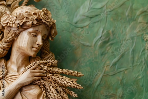 A wood sculpture of Demeter, the goddess of agriculture and fertility, holding a sheaf of wheat