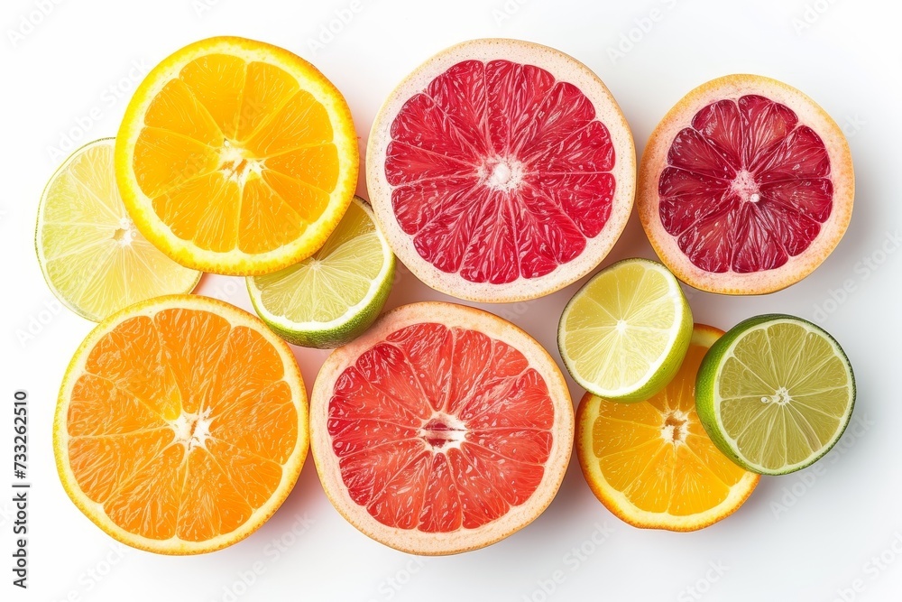 Several citrus fruits, including oranges, lemons, and limes, divided in halves, revealing their juicy interiors. Several citrus fruits, including oranges, lemons, and limes, divided in halves, revealing their juicy interiors.