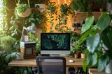 A desk featuring a computer, with lush plants surrounding it.