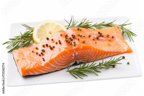 Fillet of raw red fish with lemon and rosemary on a white background. 