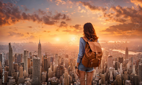 Backpack-clad girl gazing over sprawling cityscape from high vantage point